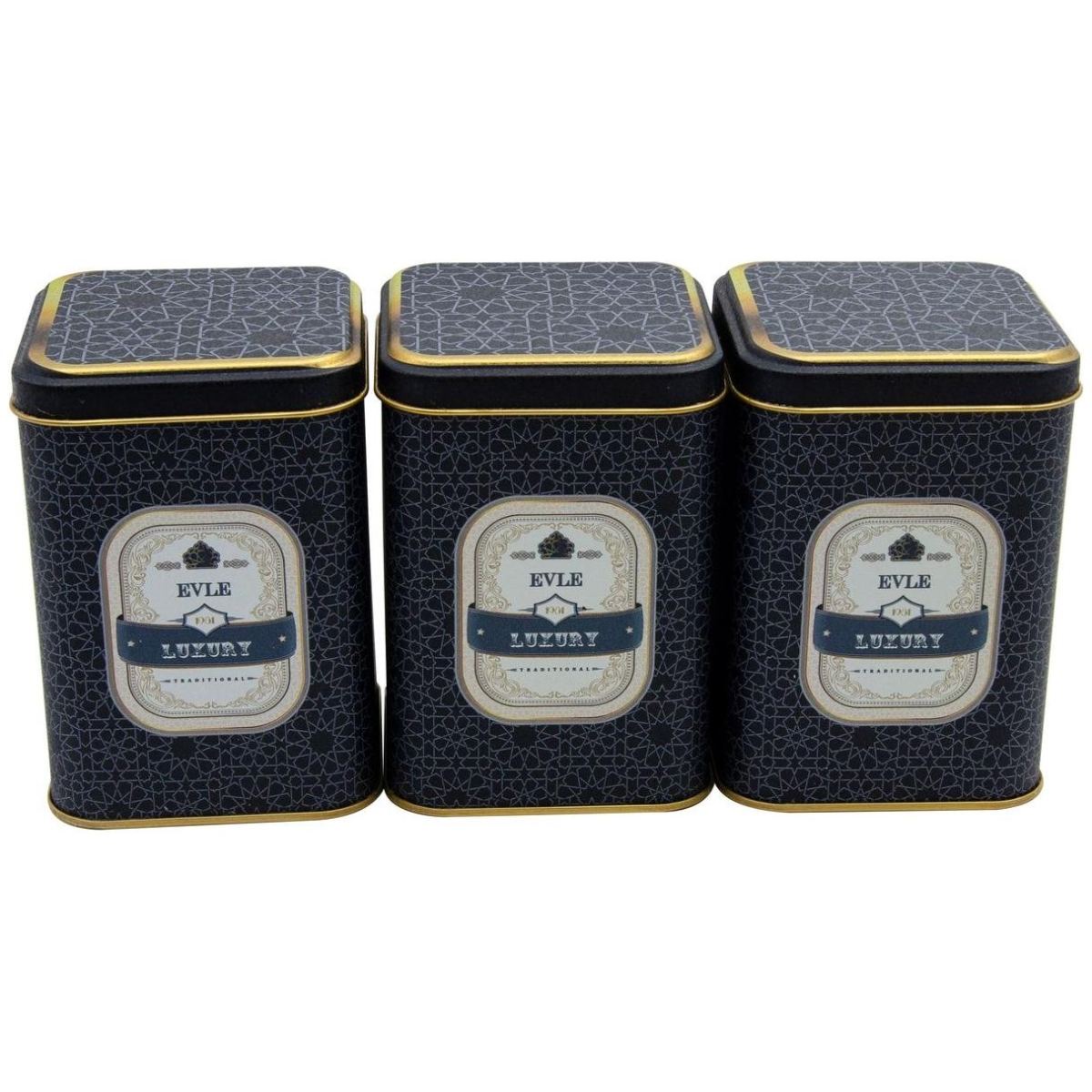 Square Metal Canister Set – 87x87x125 mm (Set of 3) gold geometric pattern black background Trellis Design